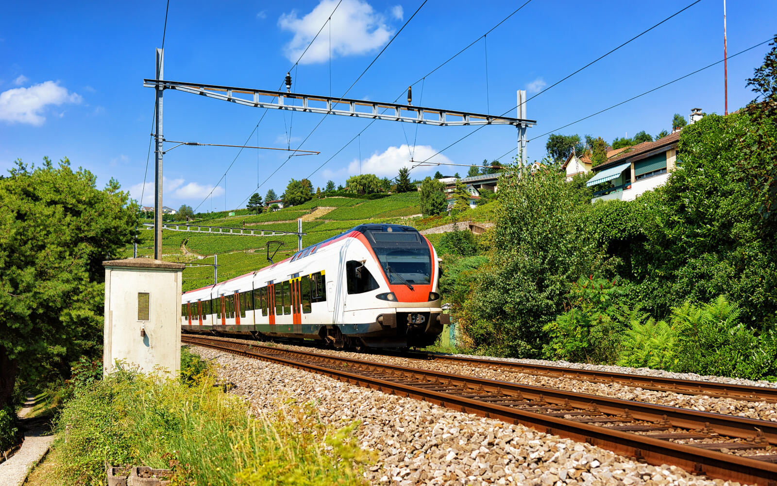 Running train at Lavaux Vineyard Terrace hiking trail, Lavaux-Oron district, Switzerland